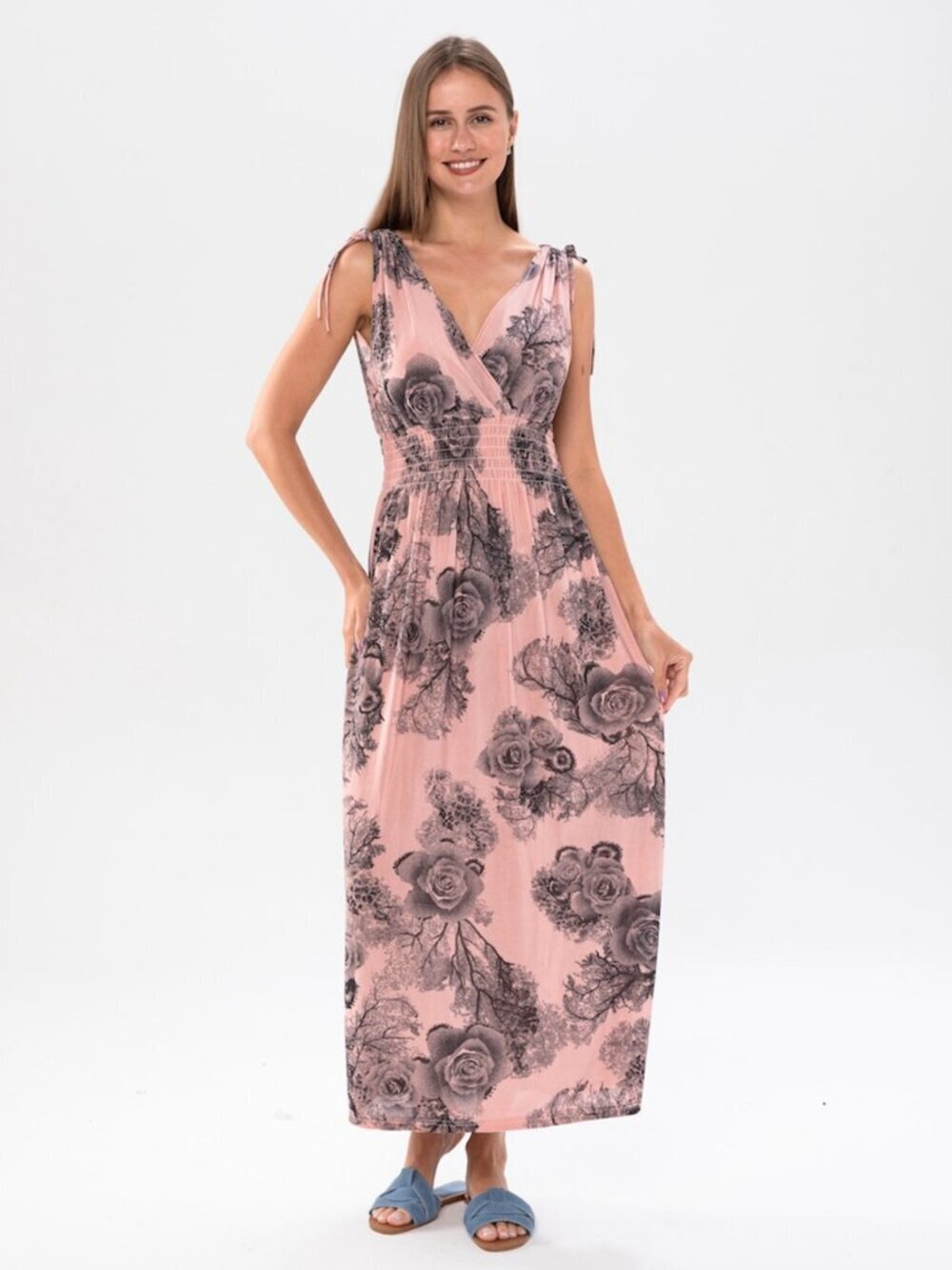 Chic Floral Maxi Dress in Pink Or Navy (C59)
